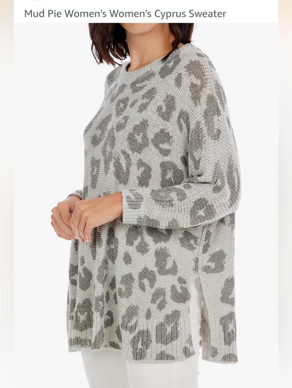 Mud Pie Gray and Light Gray Leopard-Print Crew Neck Sweater